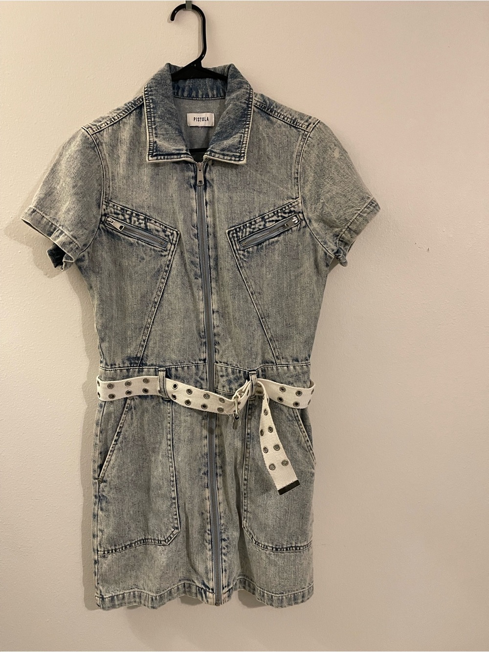 pistola Light Wash Denim Zip Dress with Studded Belt